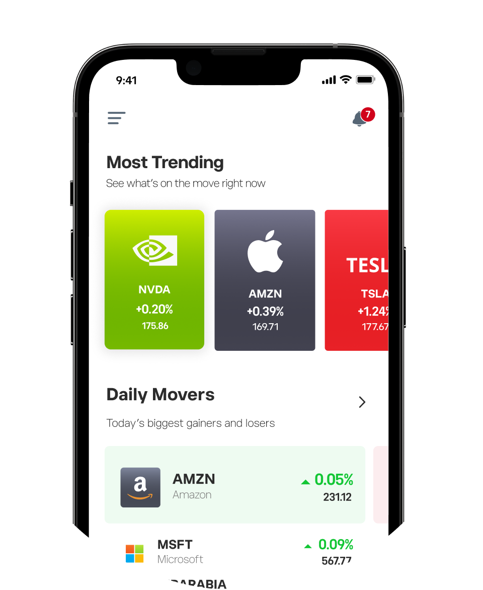 The eToro app showing trending stocks with live prices